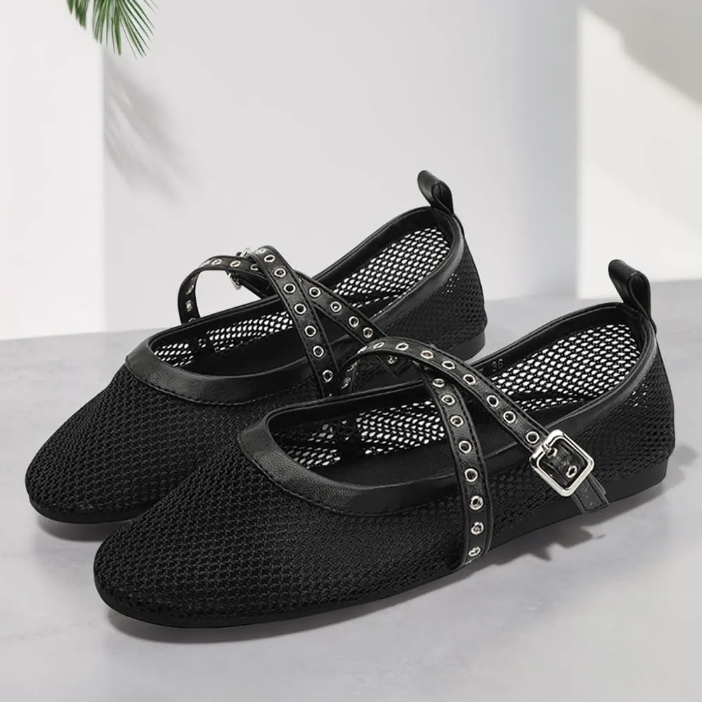 Orgonite Jelly Mesh Ballet Flats for Women, Hollowed Jelly Slip On Ballerina Shoes, Round Toe Fishnet Flats, Mary Jane Flats