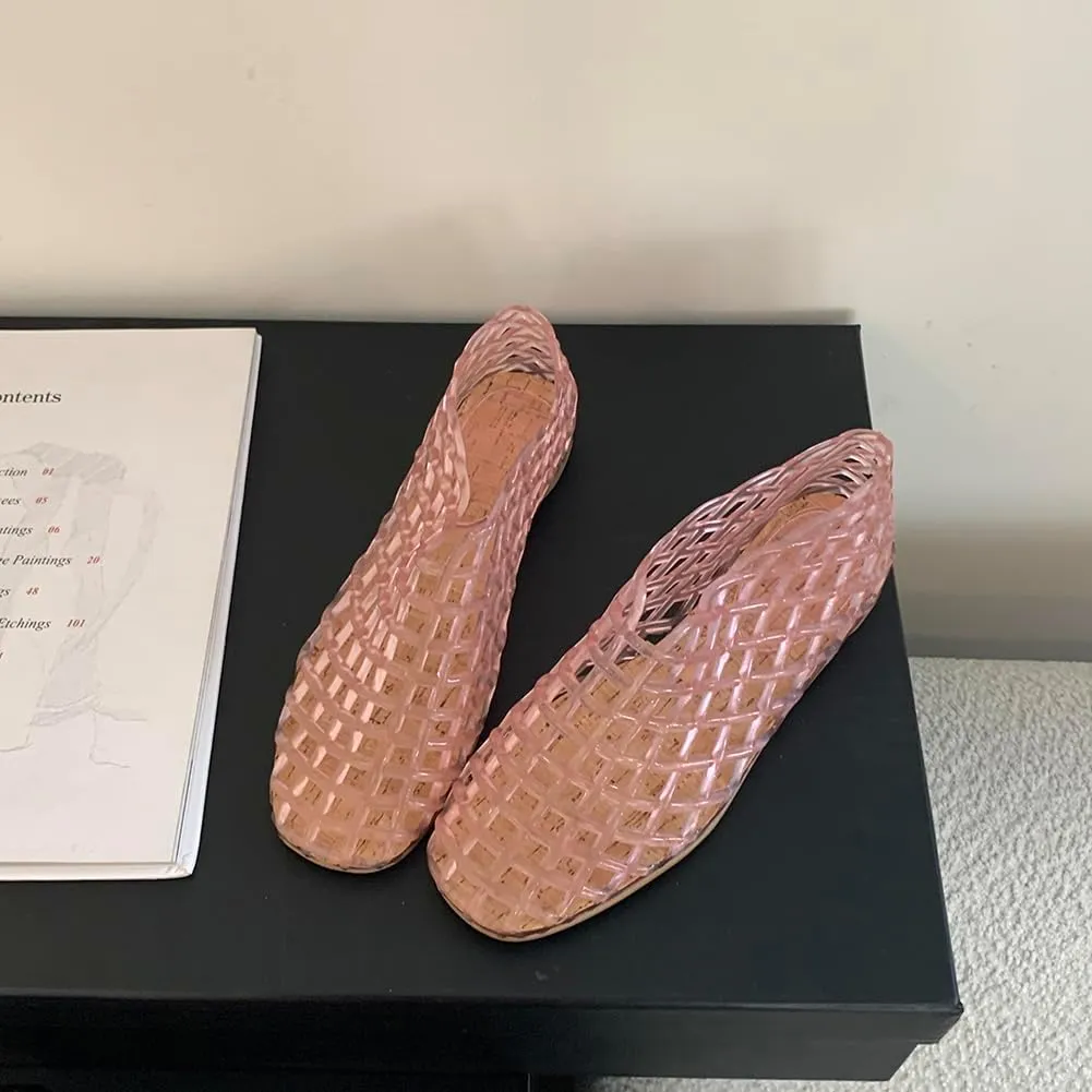 Orgonite Jelly Mesh Ballet Flats for Women, Hollowed Jelly Slip On Ballerina Shoes, Round Toe Fishnet Flats, Mary Jane Flats