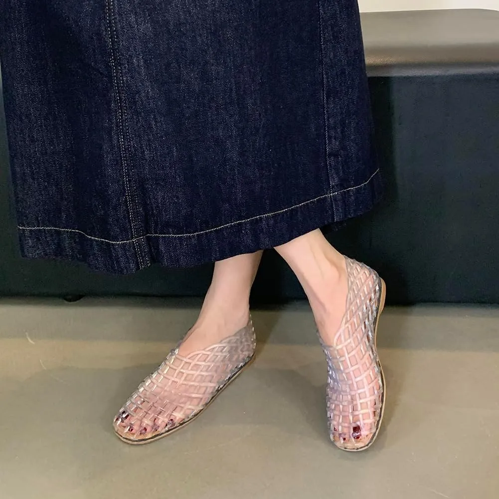 Orgonite Jelly Mesh Ballet Flats for Women, Hollowed Jelly Slip On Ballerina Shoes, Round Toe Fishnet Flats, Mary Jane Flats