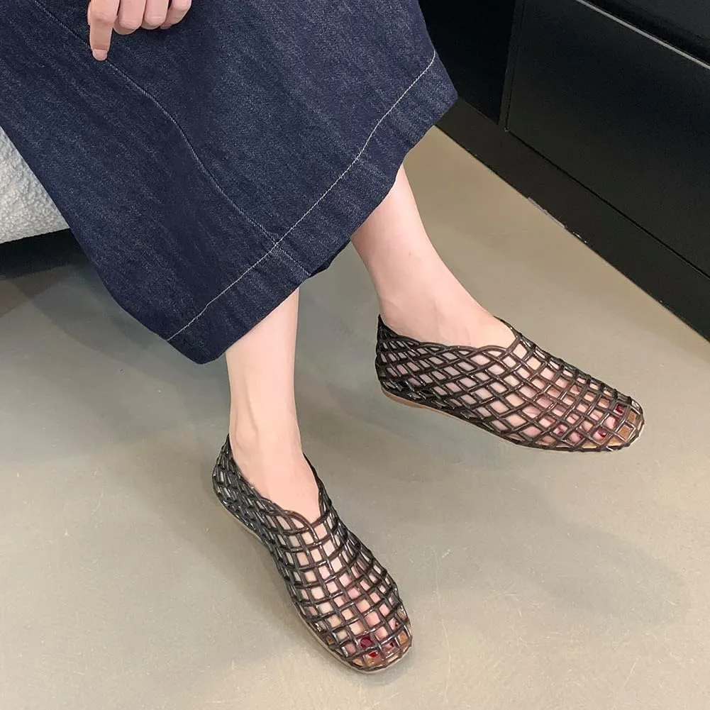 Orgonite Jelly Mesh Ballet Flats for Women, Hollowed Jelly Slip On Ballerina Shoes, Round Toe Fishnet Flats, Mary Jane Flats