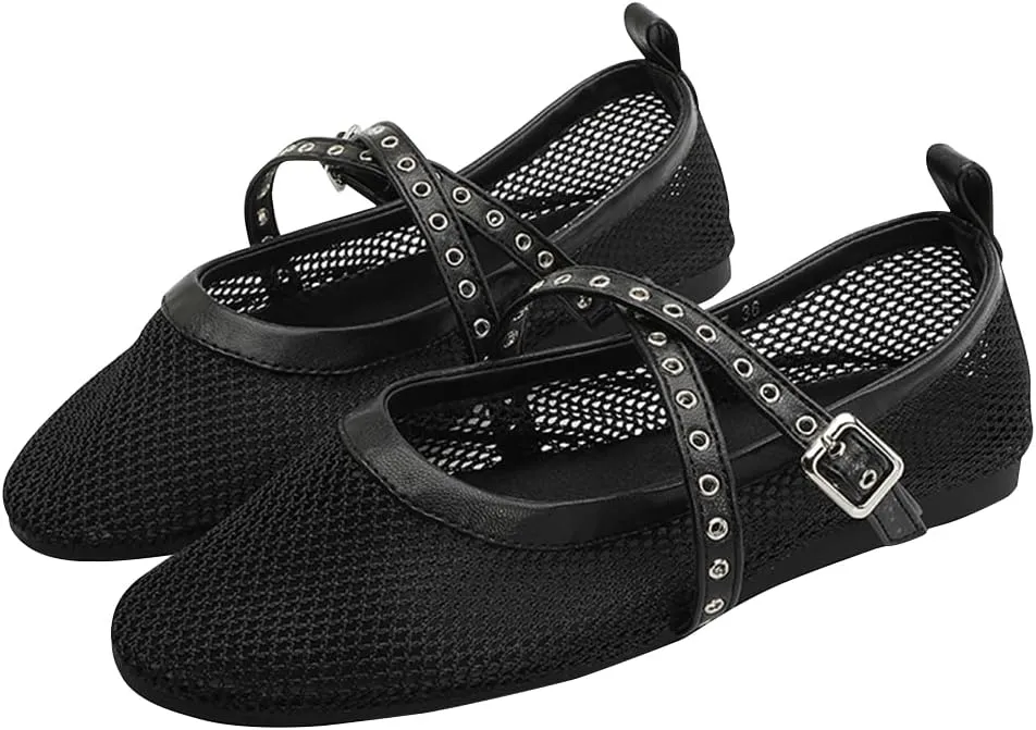 Orgonite Jelly Mesh Ballet Flats for Women, Hollowed Jelly Slip On Ballerina Shoes, Round Toe Fishnet Flats, Mary Jane Flats