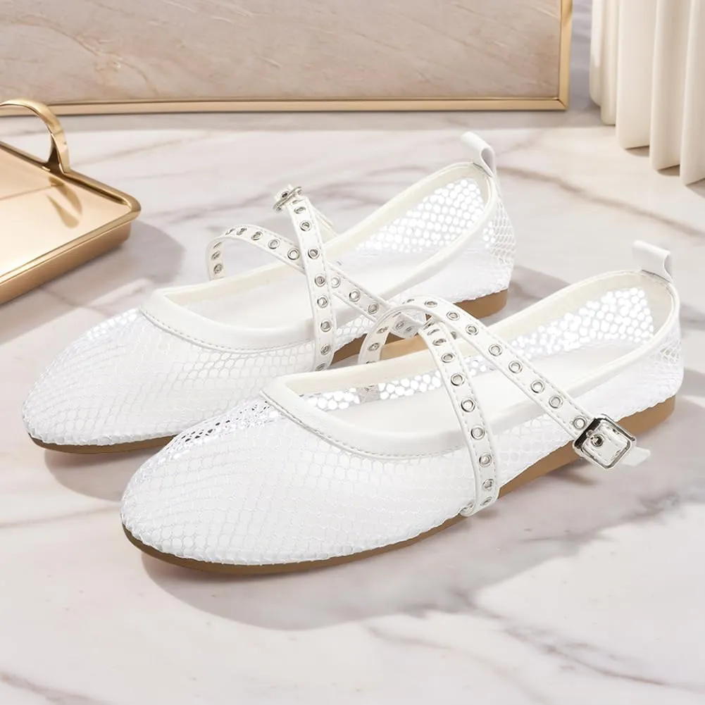 Orgonite Jelly Mesh Ballet Flats for Women, Hollowed Jelly Slip On Ballerina Shoes, Round Toe Fishnet Flats, Mary Jane Flats