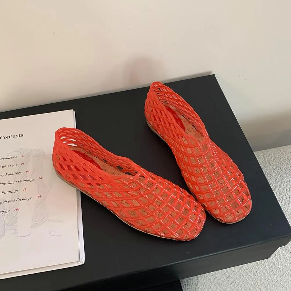 Orgonite Jelly Mesh Ballet Flats for Women, Hollowed Jelly Slip On Ballerina Shoes, Round Toe Fishnet Flats, Mary Jane Flats