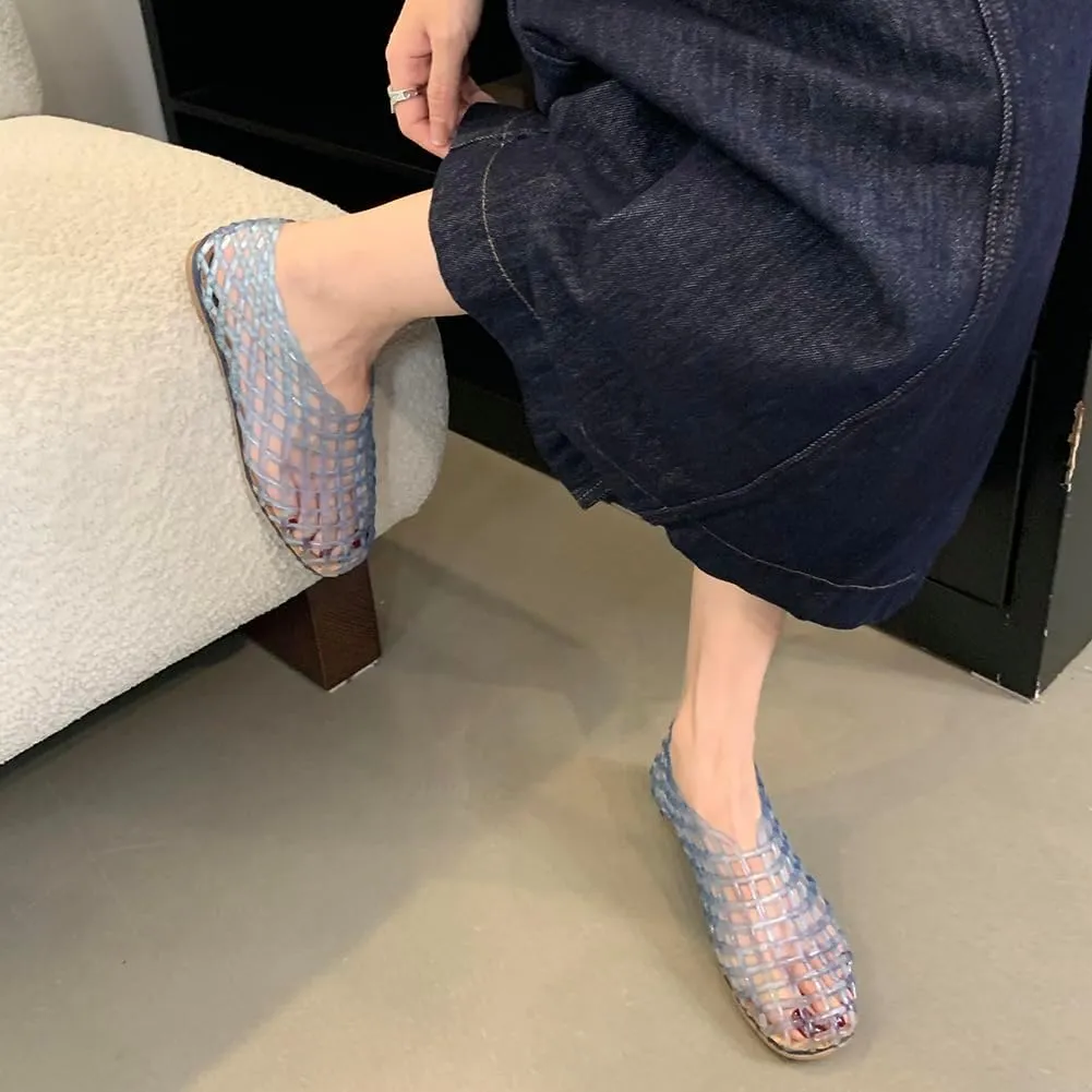 Orgonite Jelly Mesh Ballet Flats for Women, Hollowed Jelly Slip On Ballerina Shoes, Round Toe Fishnet Flats, Mary Jane Flats