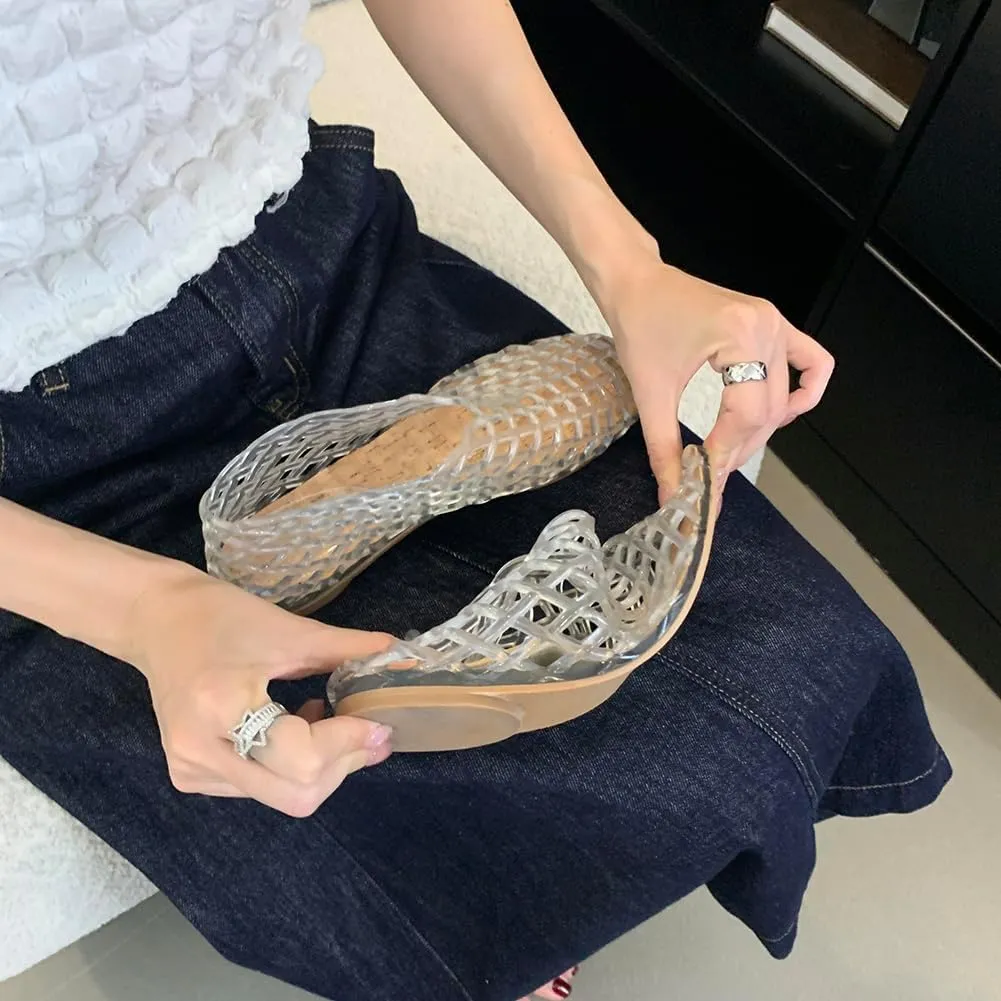 Orgonite Jelly Mesh Ballet Flats for Women, Hollowed Jelly Slip On Ballerina Shoes, Round Toe Fishnet Flats, Mary Jane Flats
