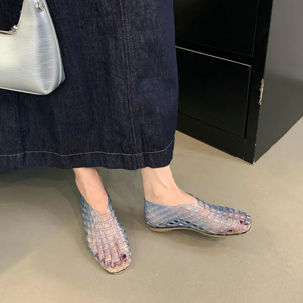 Orgonite Jelly Mesh Ballet Flats for Women, Hollowed Jelly Slip On Ballerina Shoes, Round Toe Fishnet Flats, Mary Jane Flats