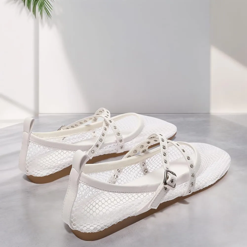 Orgonite Jelly Mesh Ballet Flats for Women, Hollowed Jelly Slip On Ballerina Shoes, Round Toe Fishnet Flats, Mary Jane Flats