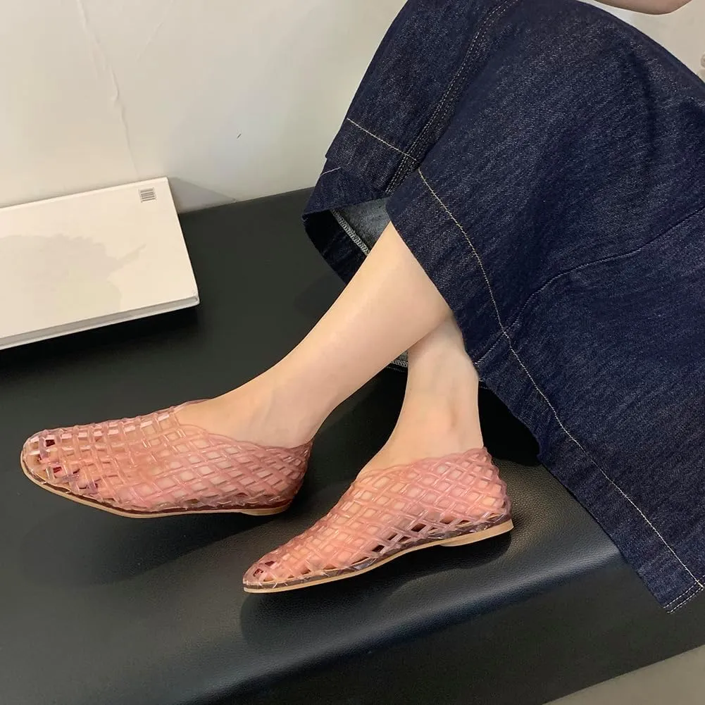 Orgonite Jelly Mesh Ballet Flats for Women, Hollowed Jelly Slip On Ballerina Shoes, Round Toe Fishnet Flats, Mary Jane Flats