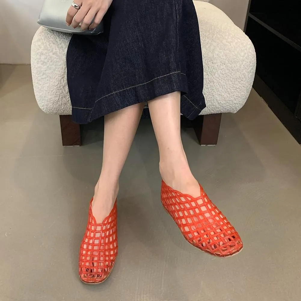 Orgonite Jelly Mesh Ballet Flats for Women, Hollowed Jelly Slip On Ballerina Shoes, Round Toe Fishnet Flats, Mary Jane Flats
