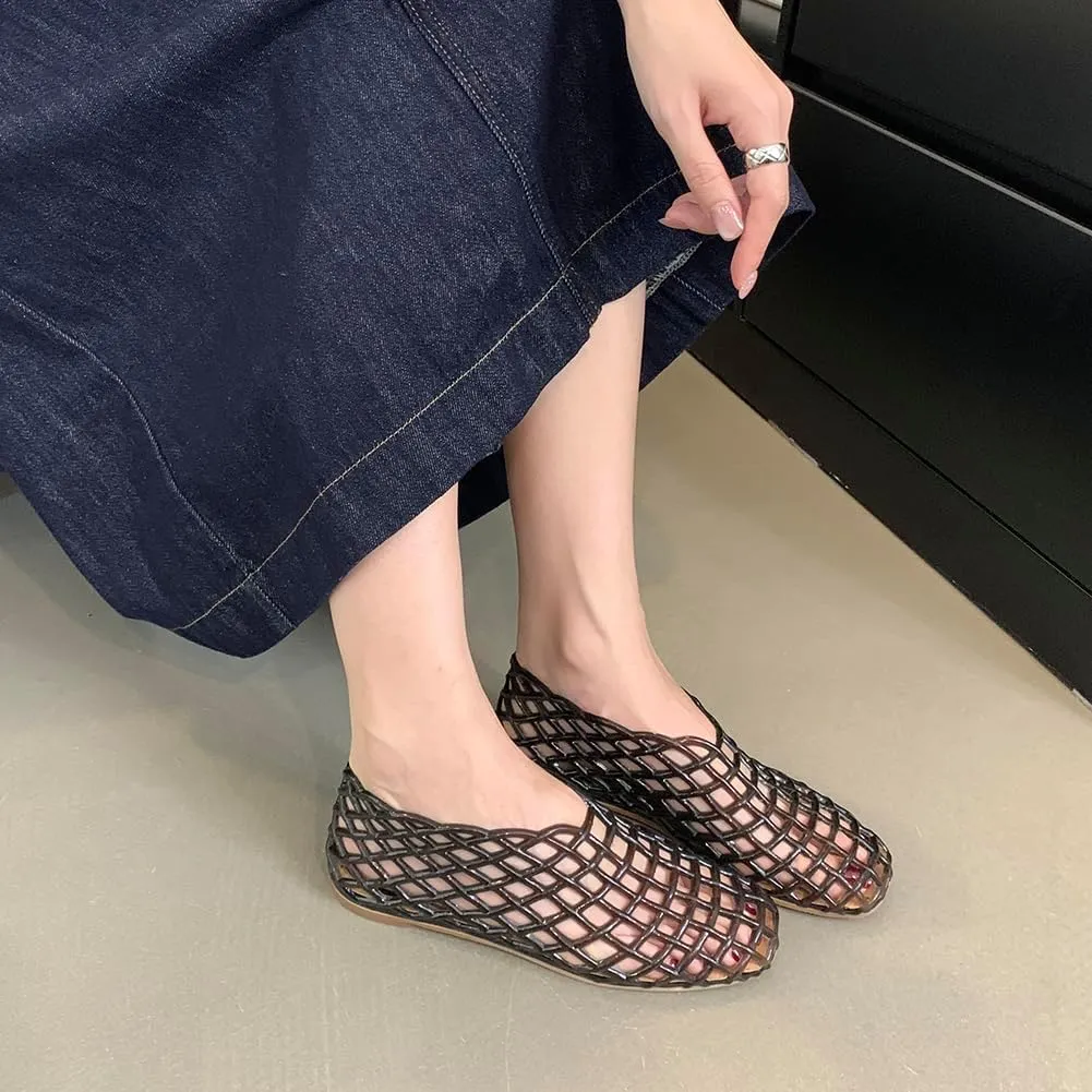 Orgonite Jelly Mesh Ballet Flats for Women, Hollowed Jelly Slip On Ballerina Shoes, Round Toe Fishnet Flats, Mary Jane Flats