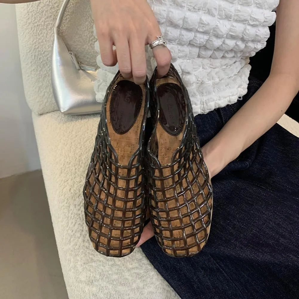 Orgonite Jelly Mesh Ballet Flats for Women, Hollowed Jelly Slip On Ballerina Shoes, Round Toe Fishnet Flats, Mary Jane Flats