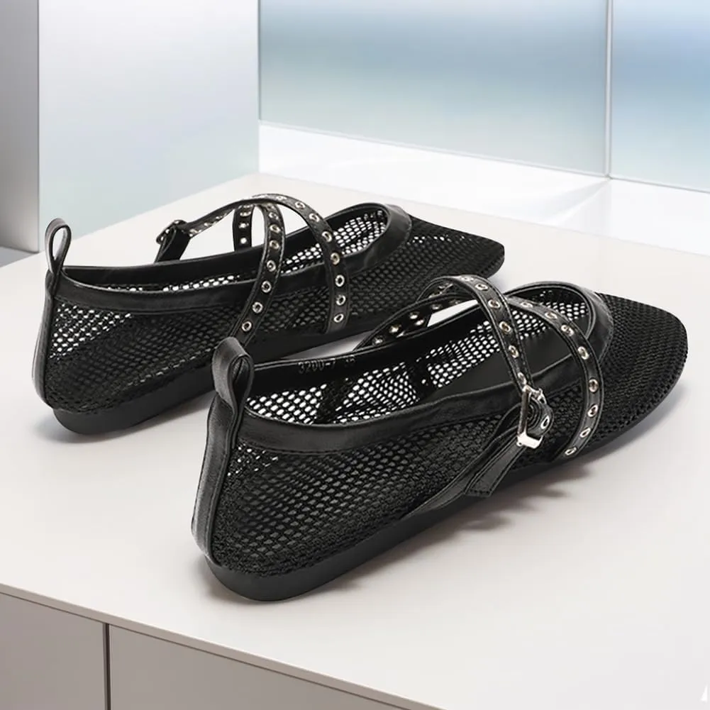 Orgonite Jelly Mesh Ballet Flats for Women, Hollowed Jelly Slip On Ballerina Shoes, Round Toe Fishnet Flats, Mary Jane Flats