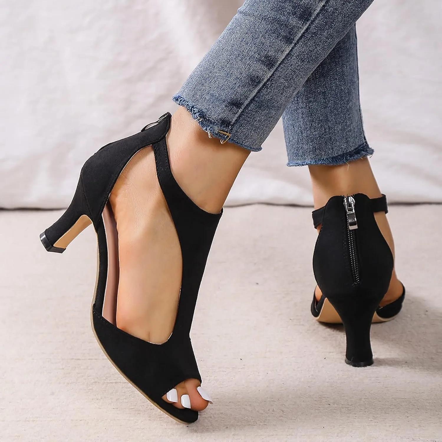Orthopedic Heels for Women Summer High Heel Dress Shoes Open Toe Suede Sandals Cutout Roman Sandals with Back Zipper