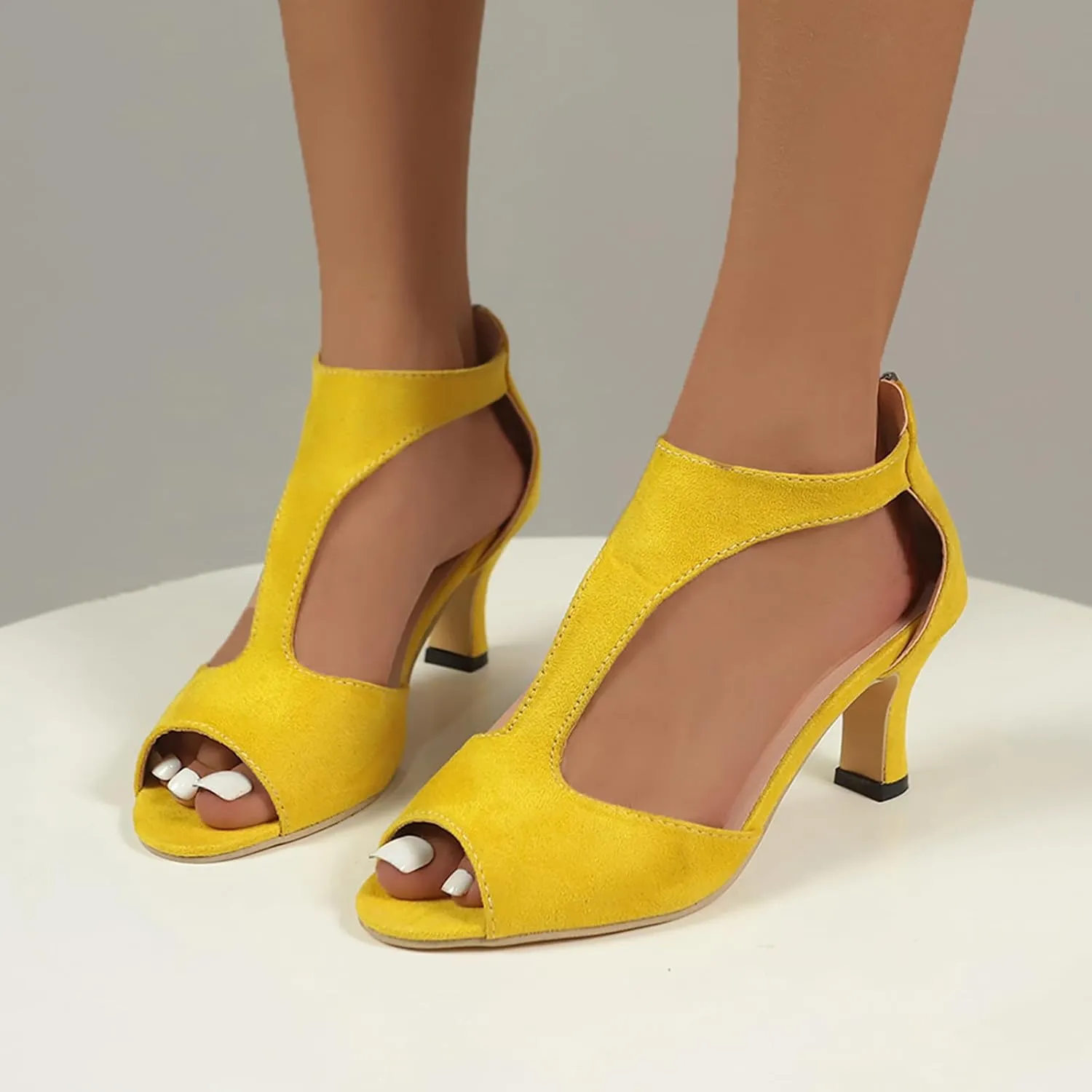 Orthopedic Heels for Women Summer High Heel Dress Shoes Open Toe Suede Sandals Cutout Roman Sandals with Back Zipper