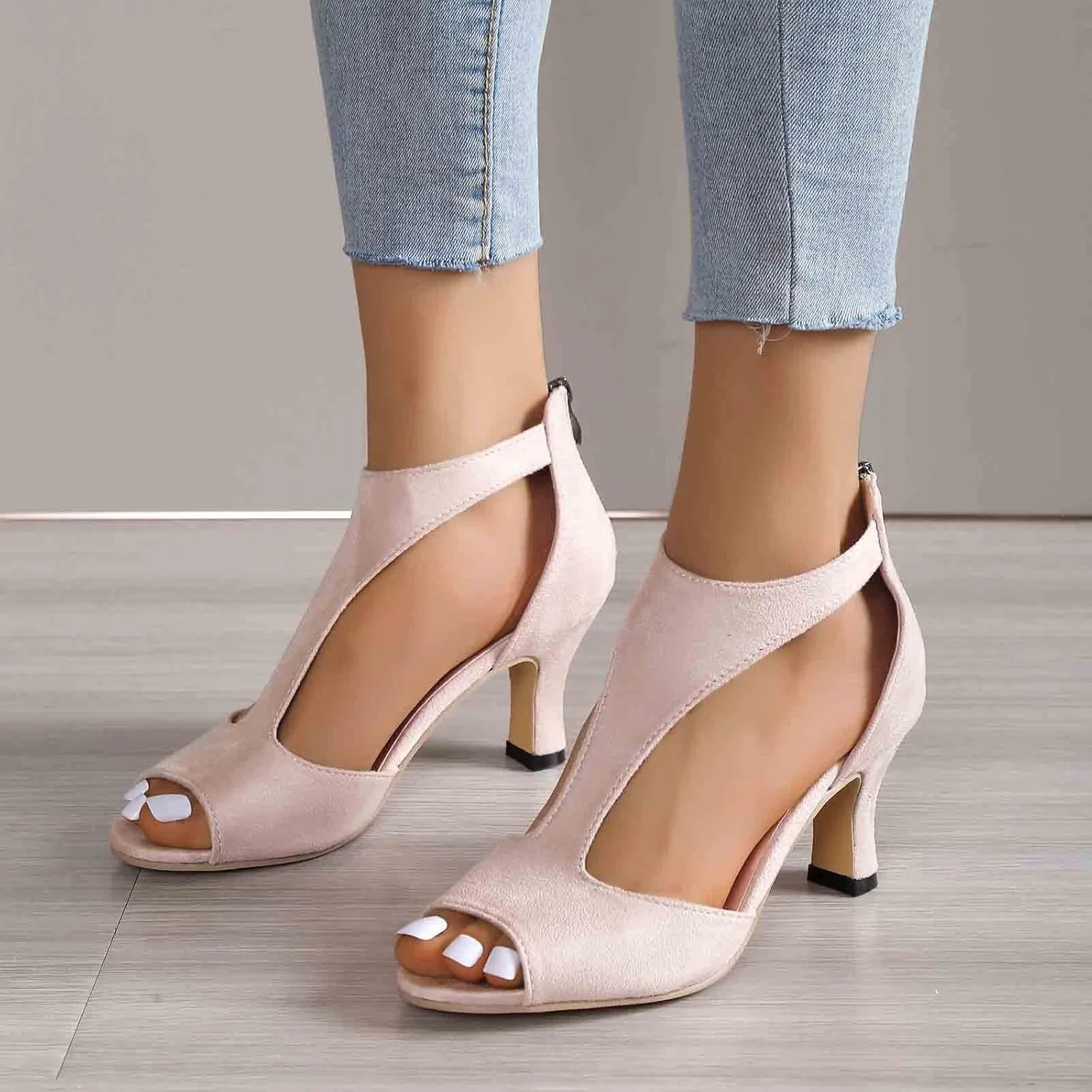Orthopedic Heels for Women Summer High Heel Dress Shoes Open Toe Suede Sandals Cutout Roman Sandals with Back Zipper