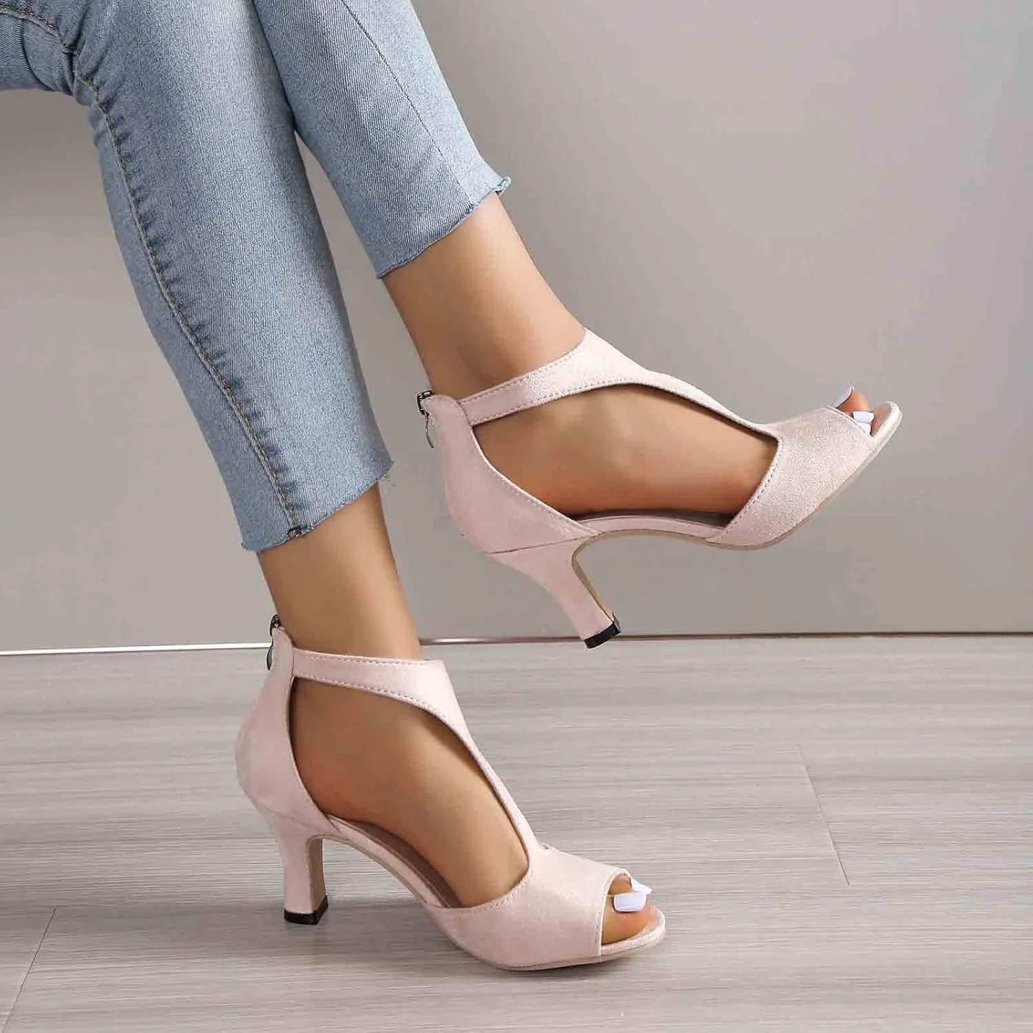 Orthopedic Heels for Women Summer High Heel Dress Shoes Open Toe Suede Sandals Cutout Roman Sandals with Back Zipper