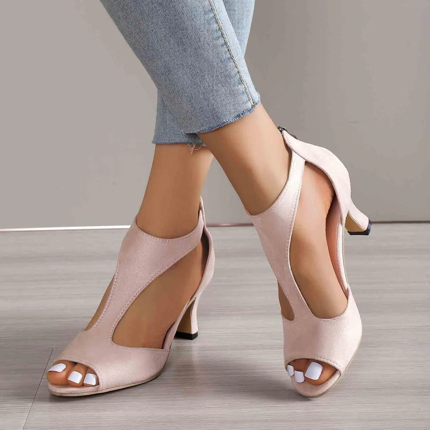 Orthopedic Heels for Women Summer High Heel Dress Shoes Open Toe Suede Sandals Cutout Roman Sandals with Back Zipper