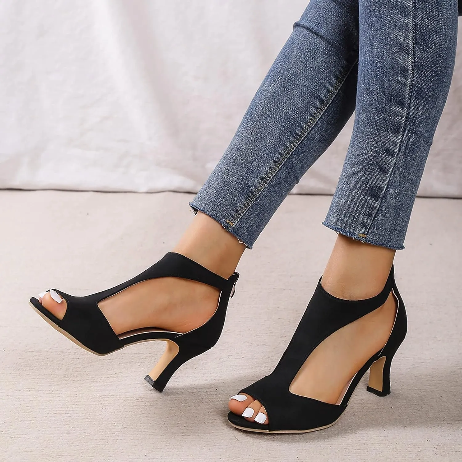 Orthopedic Heels for Women Summer High Heel Dress Shoes Open Toe Suede Sandals Cutout Roman Sandals with Back Zipper