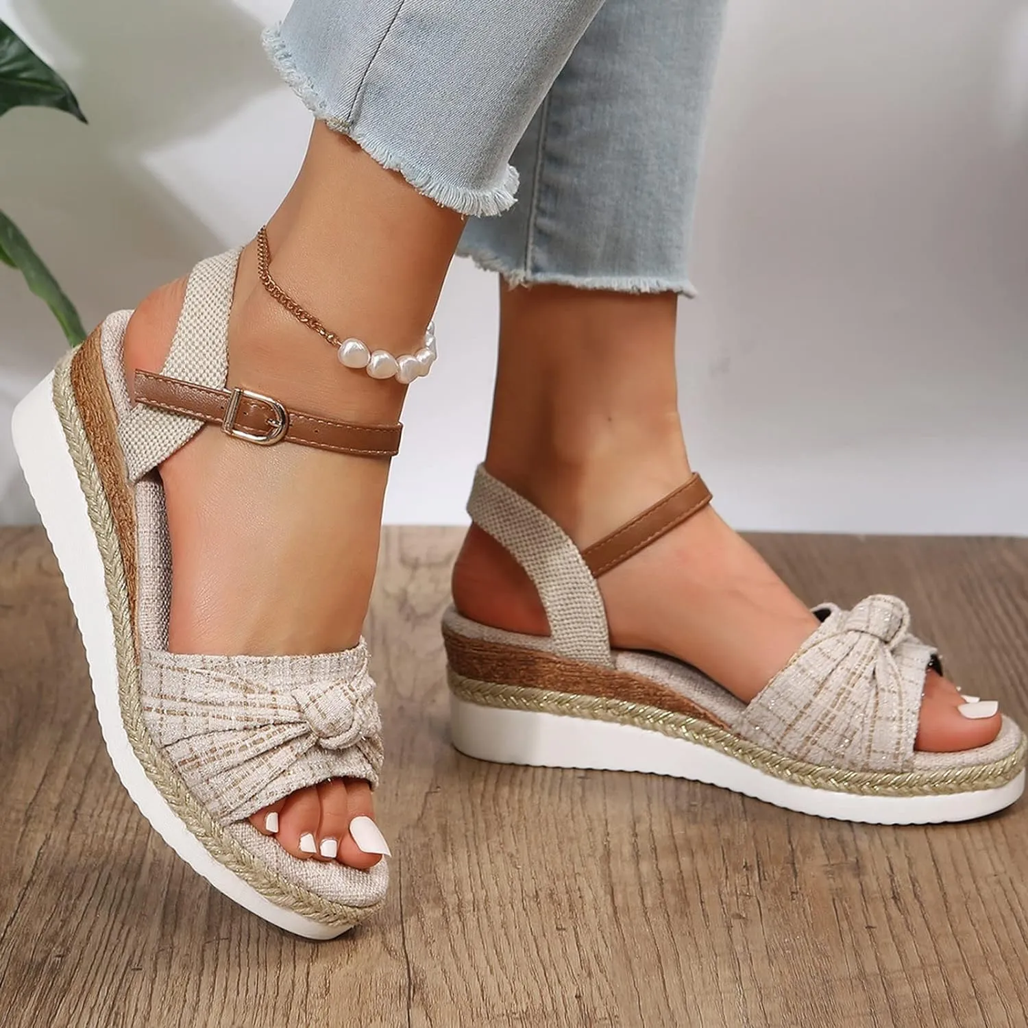 Orthopedic Sandals for Women,Women Walking Slippers with Arch Support Wedge Sandals Summer Dressy Open Toe Ankle Strap Platform Beach Casual Slip on Sandals Beach Dress Comfortable (Beige-8, 9)