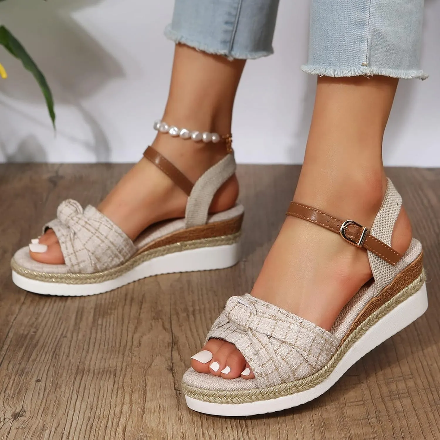 Orthopedic Sandals for Women,Women Walking Slippers with Arch Support Wedge Sandals Summer Dressy Open Toe Ankle Strap Platform Beach Casual Slip on Sandals Beach Dress Comfortable (Beige-8, 9)