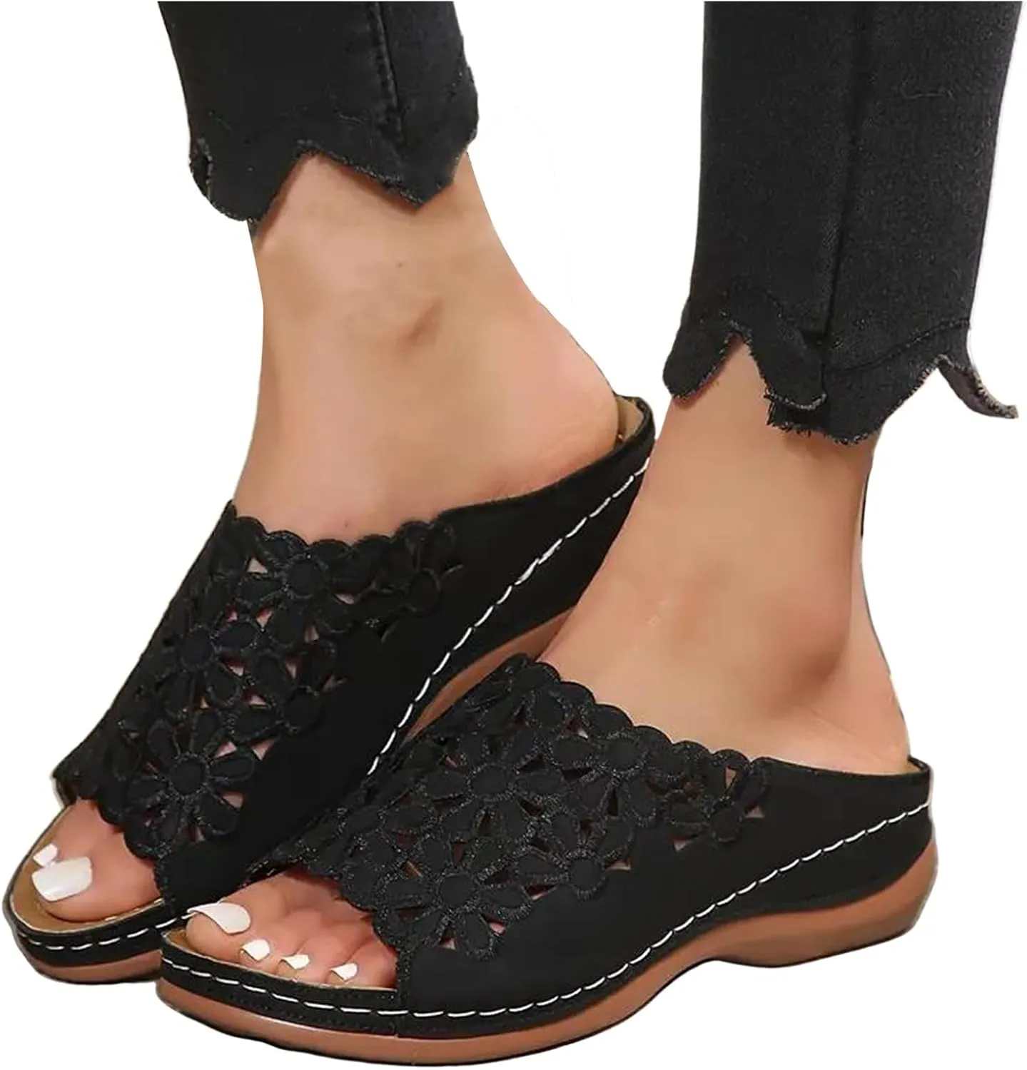 Orthopedic Slide Sandals for Women Summer Cutout Flower Strap Wedges Women's Comfy Non-Slip Slides Ladies Comfortable Casual Shoes Plantar Fasciitis Recovery Mules for Outdoor Indoor Daily Wear