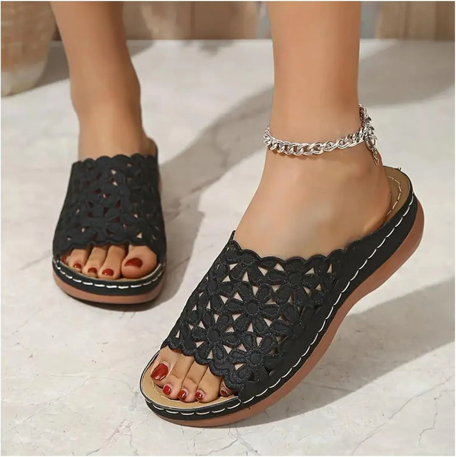 Orthopedic Slide Sandals for Women Summer Cutout Flower Strap Wedges Women's Comfy Non-Slip Slides Ladies Comfortable Casual Shoes Plantar Fasciitis Recovery Mules for Outdoor Indoor Daily Wear