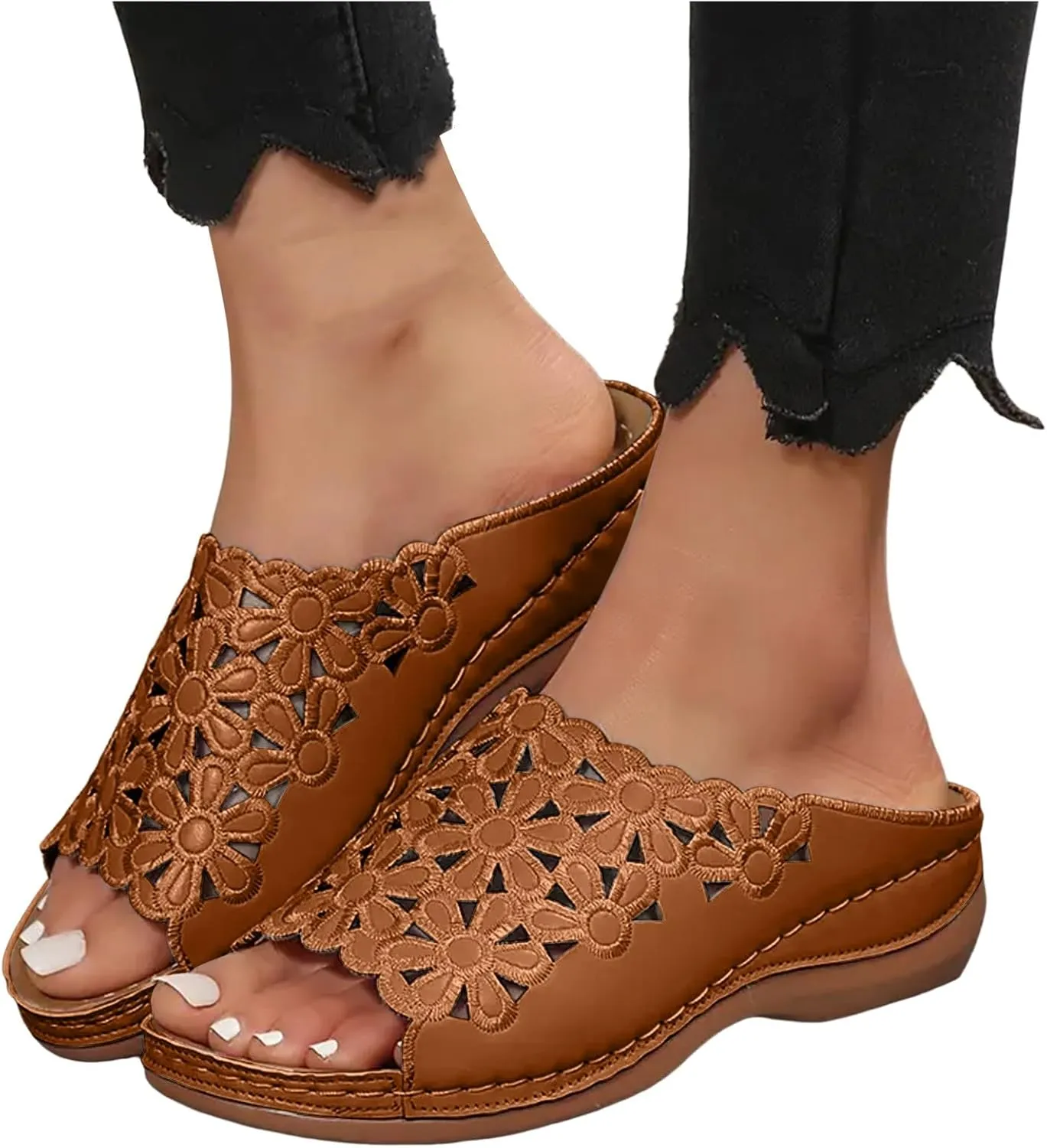 Orthopedic Slide Sandals for Women Summer Cutout Flower Strap Wedges Women's Comfy Non-Slip Slides Ladies Comfortable Casual Shoes Plantar Fasciitis Recovery Mules for Outdoor Indoor Daily Wear