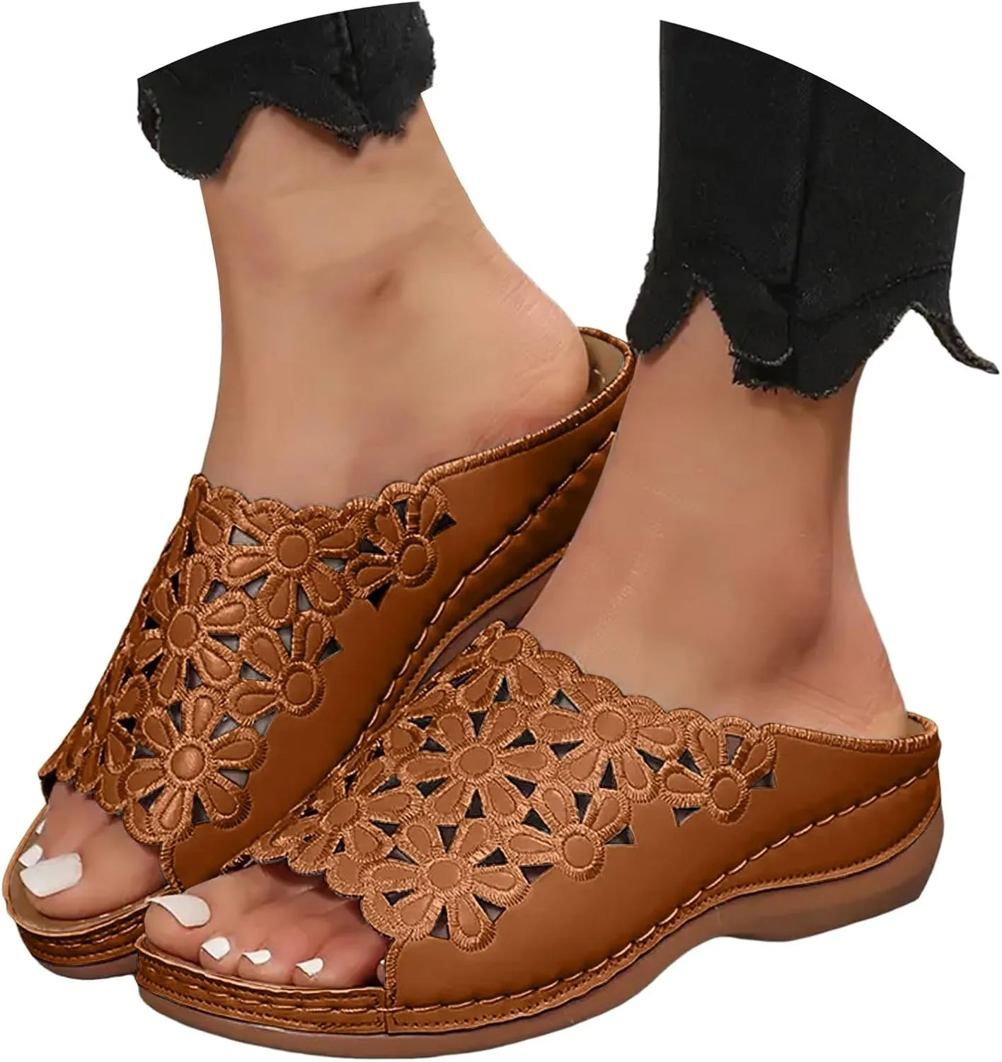 Orthopedic Slide Sandals for Women Summer Cutout Flower Strap Wedges Women's Comfy Non-Slip Slides Ladies Comfortable Casual Shoes Plantar Fasciitis Recovery Mules for Outdoor Indoor Daily Wear