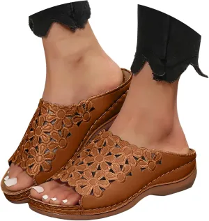 Orthopedic Slide Sandals for Women Summer Cutout Flower Strap Wedges Women's Comfy Non-Slip Slides Ladies Comfortable Casual Shoes Plantar Fasciitis Recovery Mules for Outdoor Indoor Daily Wear