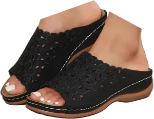 Orthopedic Slide Sandals for Women Summer Cutout Flower Strap Wedges Women's Comfy Non-Slip Slides Ladies Comfortable Casual Shoes Plantar Fasciitis Recovery Mules for Outdoor Indoor Daily Wear
