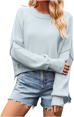 Oversized Crop Sweaters for Women Trendy 2024 Fall Long Sleeve Crew Neck Knitted Slouchy Pullover Sweater Tops