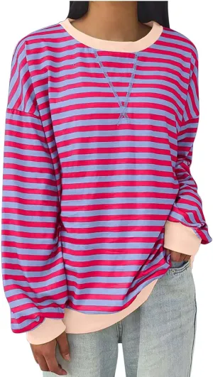 Oversized Tshirts for Women Long Sleeve Crewneck Striped Tops Casual Loose Tunic Top Fashion Dressy Tee Sweatshirts