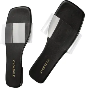 OYOANGLE Women's Clear Square Open Toe Sandals Pu Leather Flat Slide On Sandals Transparent Outdoor Slippers