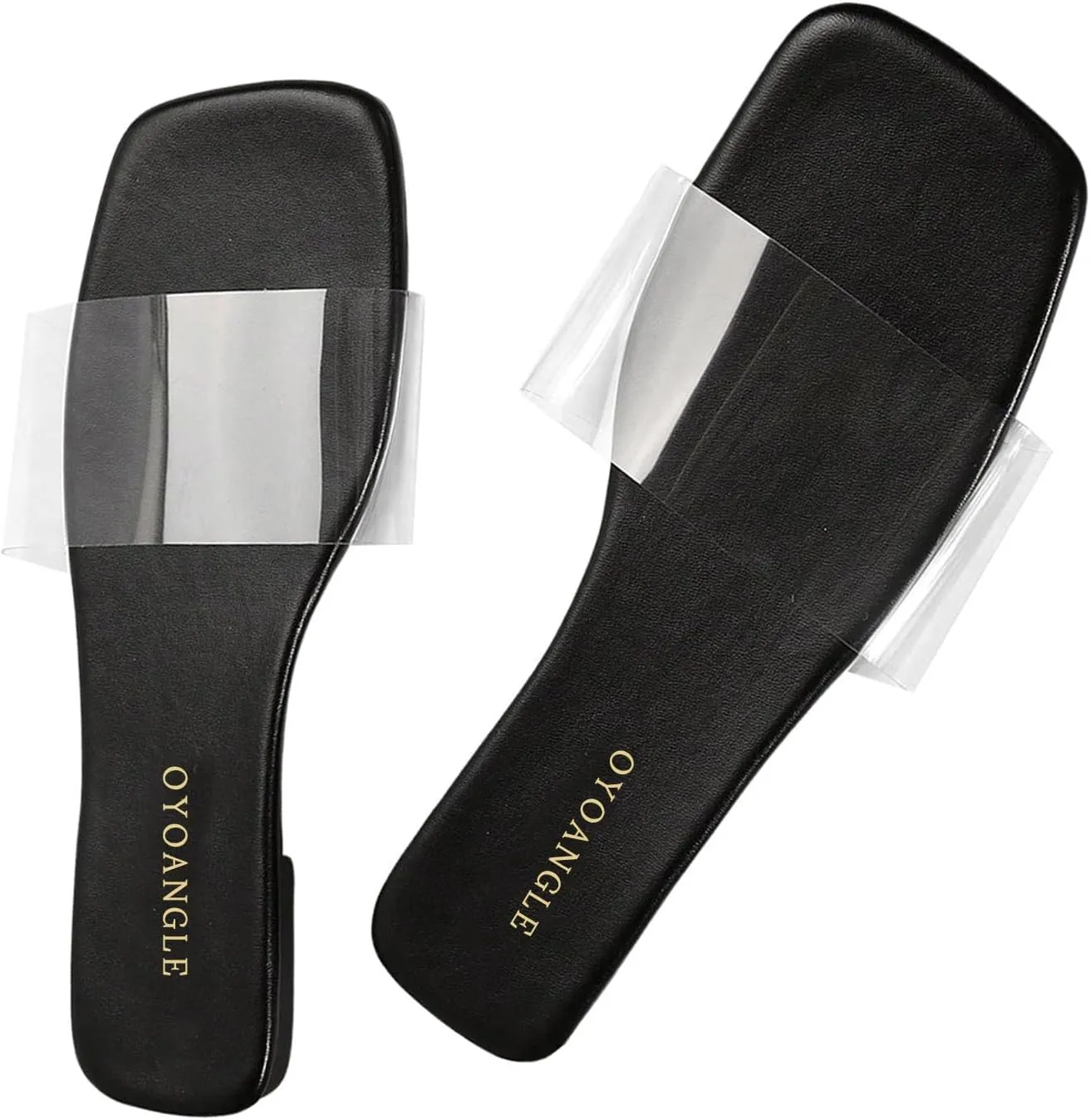 OYOANGLE Women's Clear Square Open Toe Sandals Pu Leather Flat Slide On Sandals Transparent Outdoor Slippers