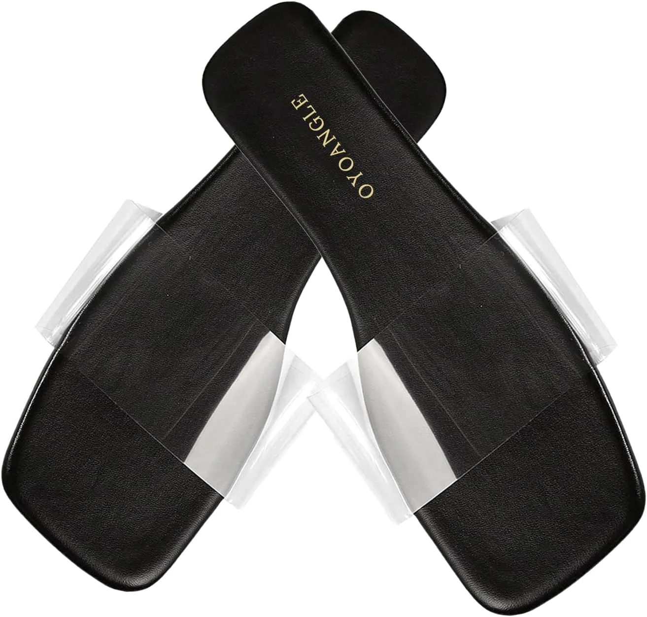 OYOANGLE Women's Clear Square Open Toe Sandals Pu Leather Flat Slide On Sandals Transparent Outdoor Slippers