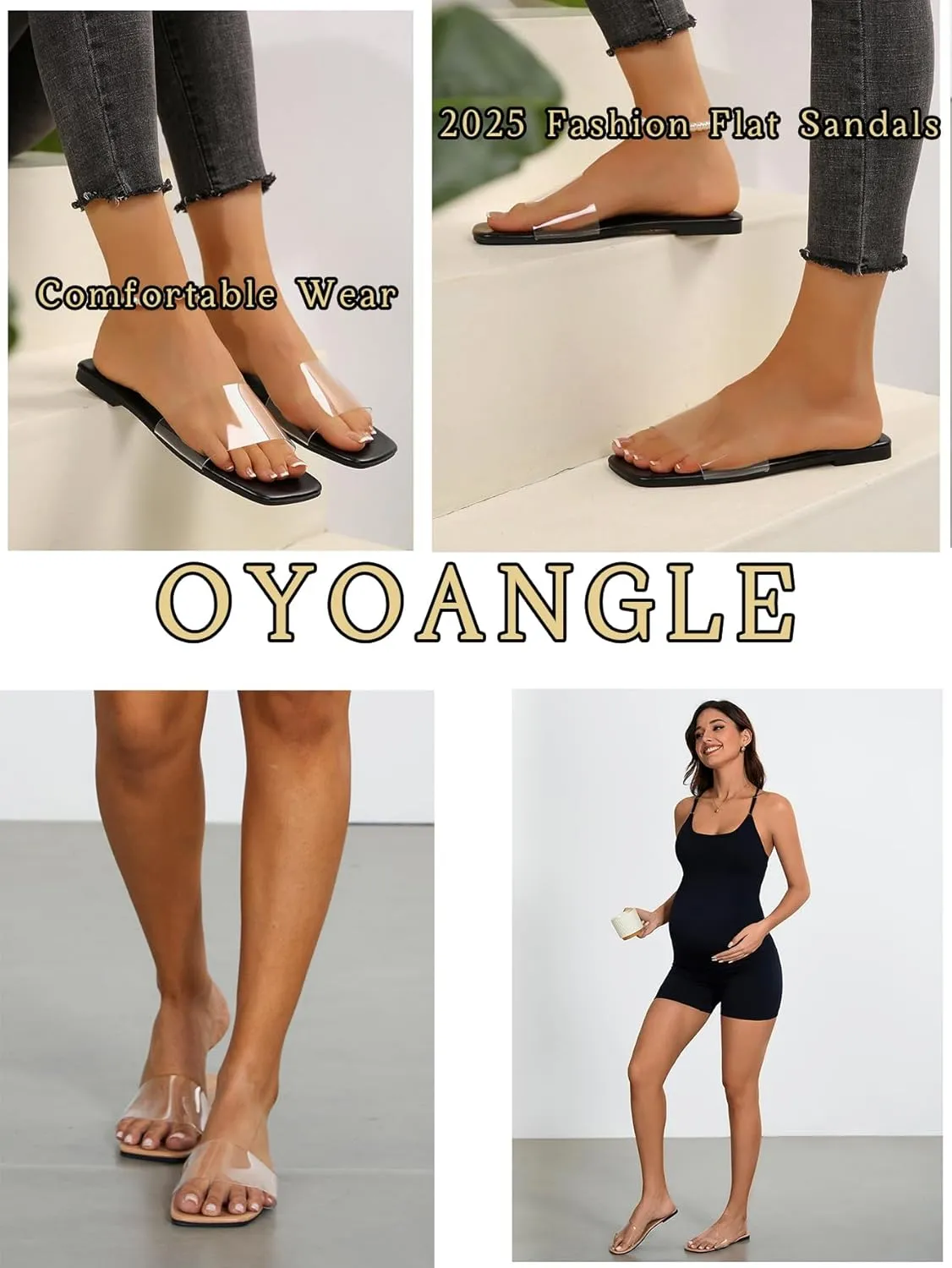 OYOANGLE Women's Clear Square Open Toe Sandals Pu Leather Flat Slide On Sandals Transparent Outdoor Slippers