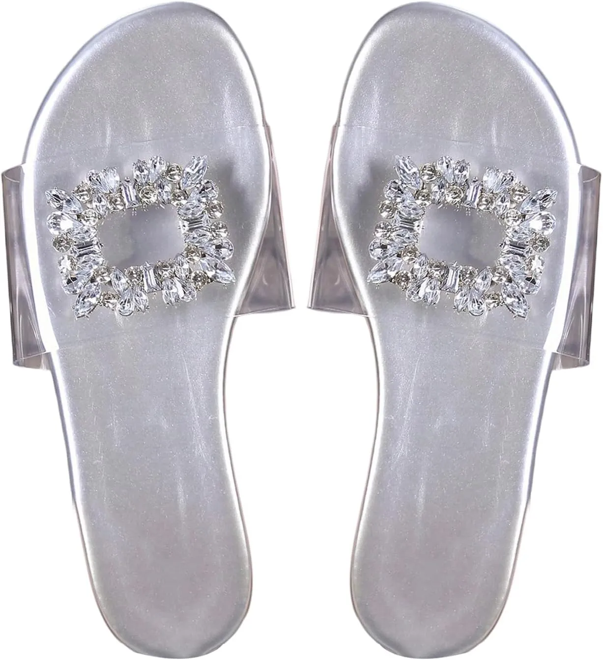 OYOANGLE Women's Rhinestone Clear Sandals Sparkly Transparent Open Toe Flat Slides Casual Outdoor Slippers