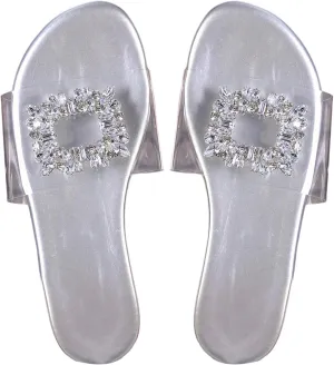 OYOANGLE Women's Rhinestone Clear Sandals Sparkly Transparent Open Toe Flat Slides Casual Outdoor Slippers