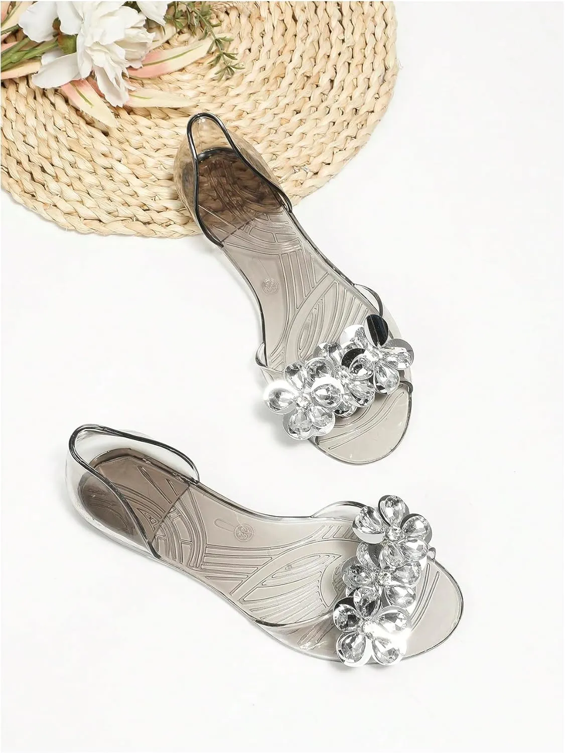 OYOANGLE Women's Rhinestone Jelly Shoes Cute Open Toe Comfy Crystal Sandals Clear Non-slip Outdoor Flats