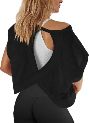 Panadila Womens Open Back Workout Top Oversized Workout T Shirts Backless Athletic Shirt Short Sleeve Baby Tee