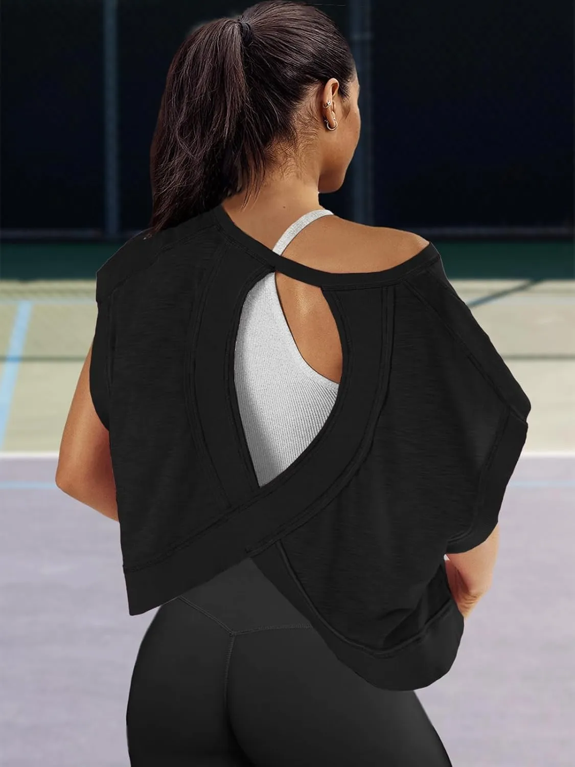 Panadila Womens Open Back Workout Top Oversized Workout T Shirts Backless Athletic Shirt Short Sleeve Baby Tee