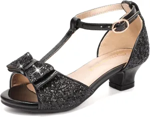 PANDANINJIA Lilly Girls Heels Todder Dress Shoes Pump T Strap Open Toe Bow Little Big Kids Flower Girl Shoes(Black Sequin, 1 M US Little Kid)