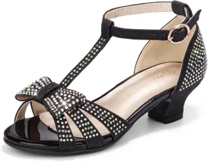 PANDANINJIA Sally Girls Heels Todder Rhinestone Dress Shoes Pump T Strap Open Toe Bow Little Big Kids Flower Girl Shoes(Black Glitter 4 M US Big Kid)
