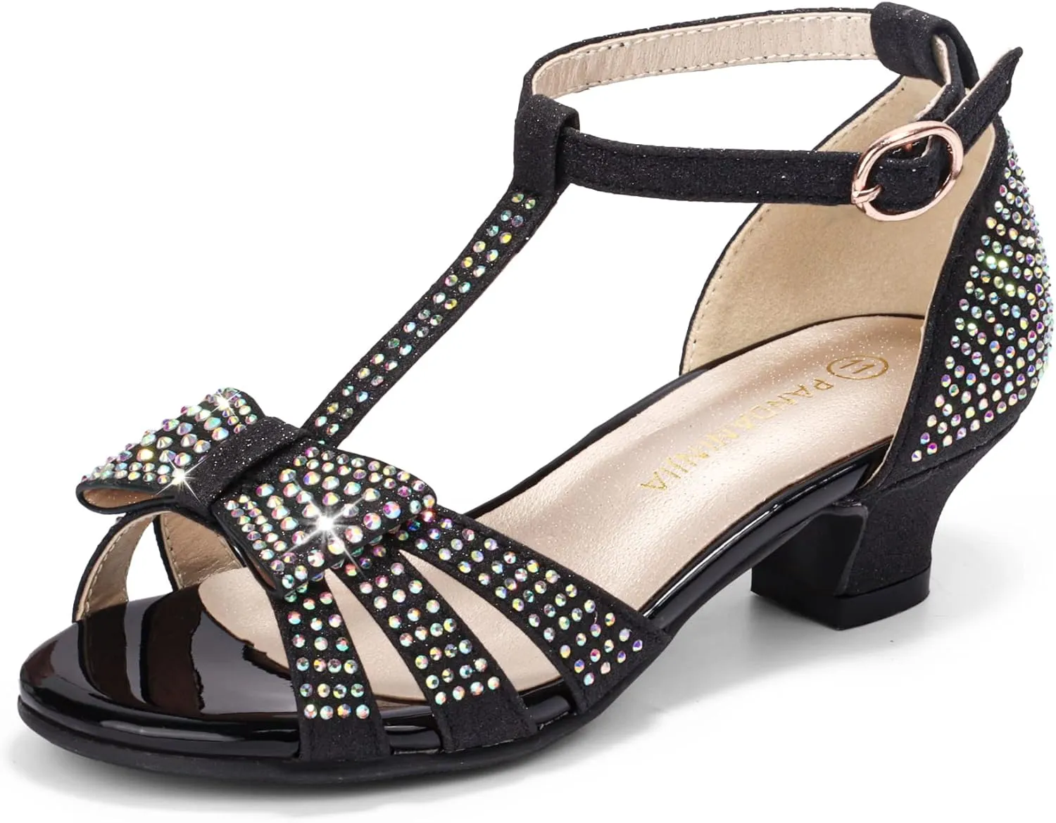 PANDANINJIA Sally Girls Heels Todder Rhinestone Dress Shoes Pump T Strap Open Toe Bow Little Big Kids Flower Girl Shoes(Black Glitter 4 M US Big Kid)