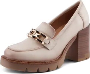 PATRIZIA Women's Dajah Inset Heel Loafers with Burnished Finish, Geometric Metal Detail, and Comfortable Fit