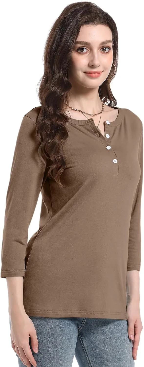 PGANDS Women's 3/4 Length Sleeve T Shirts Button Down Scoop Neck Casual Tops
