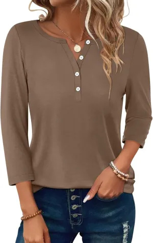 PGANDS Women's 3/4 Length Sleeve T Shirts Button Down Scoop Neck Casual Tops