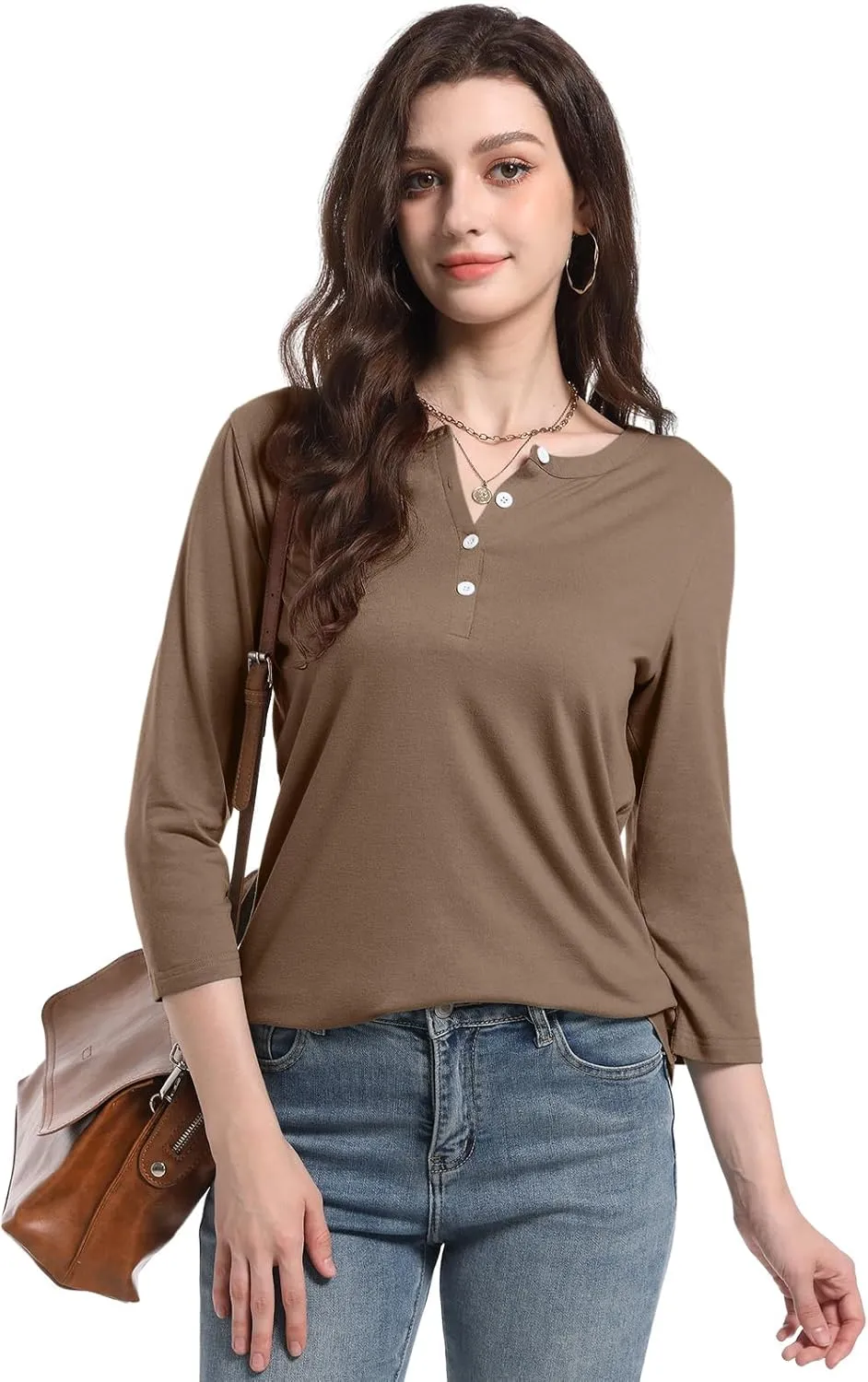 PGANDS Women's 3/4 Length Sleeve T Shirts Button Down Scoop Neck Casual Tops