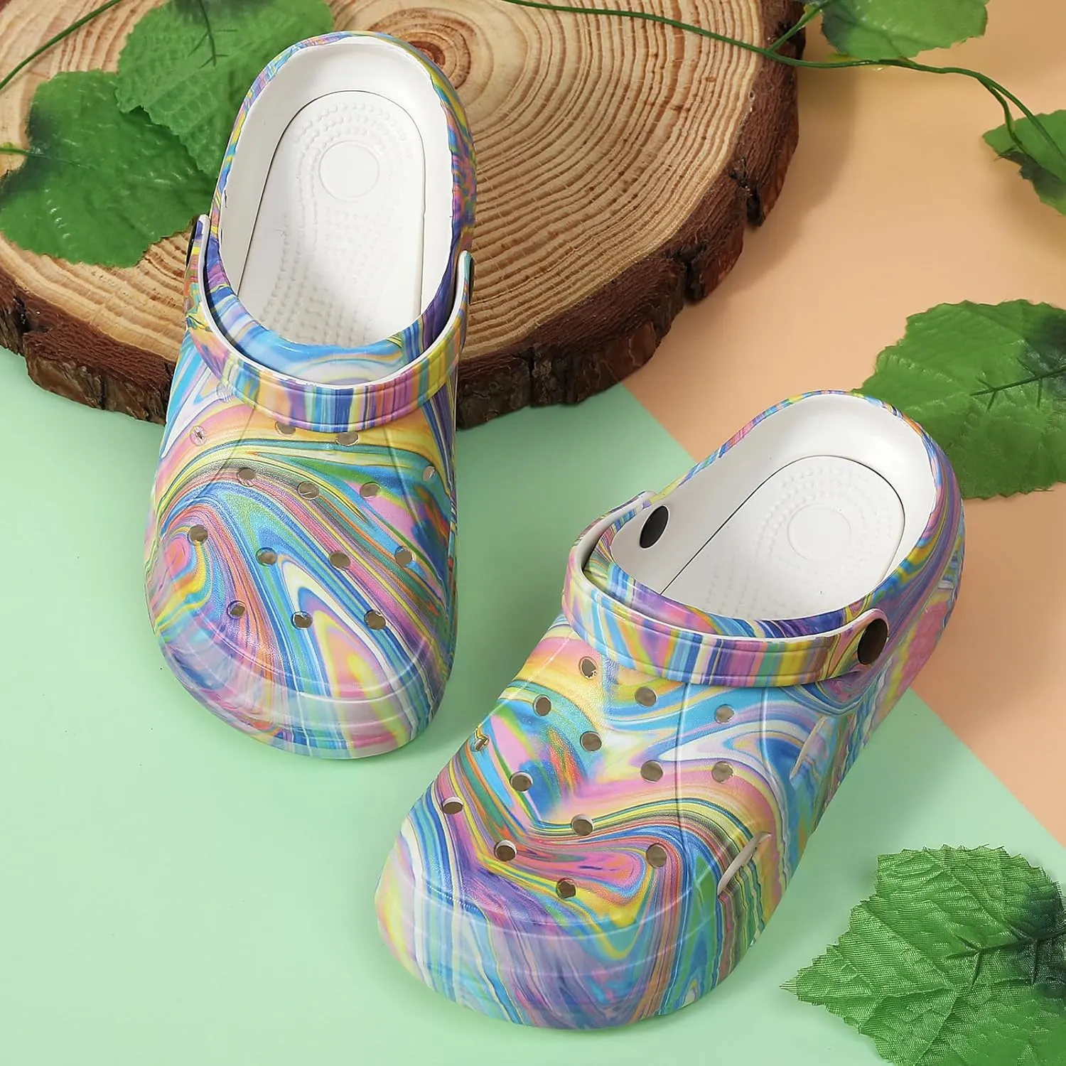 Platform Graphic Clogs for Women: Summer Garden Shoes - Slip On Beach Sandals - Outdoor Water Slippers with Removable Insole