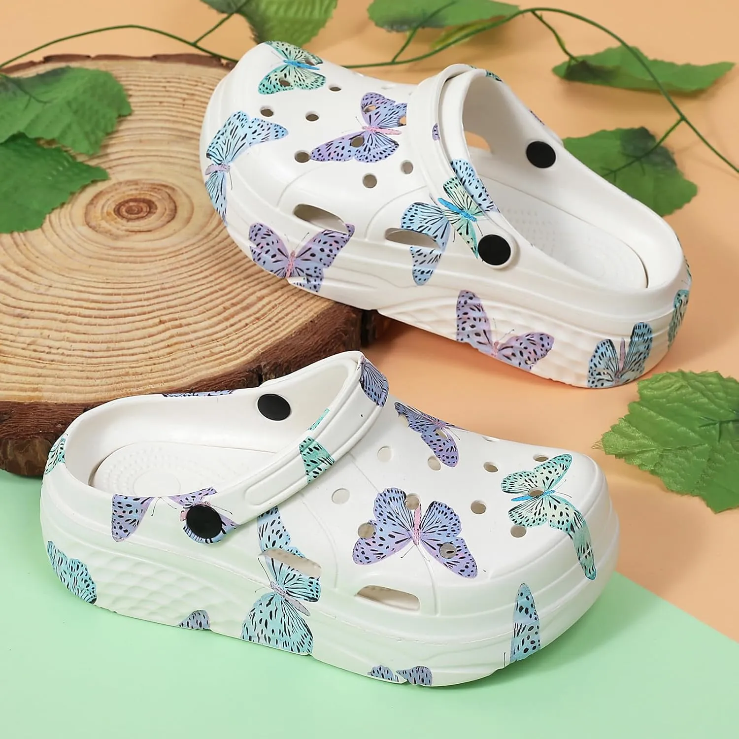 Platform Graphic Clogs for Women: Summer Garden Shoes - Slip On Beach Sandals - Outdoor Water Slippers with Removable Insole